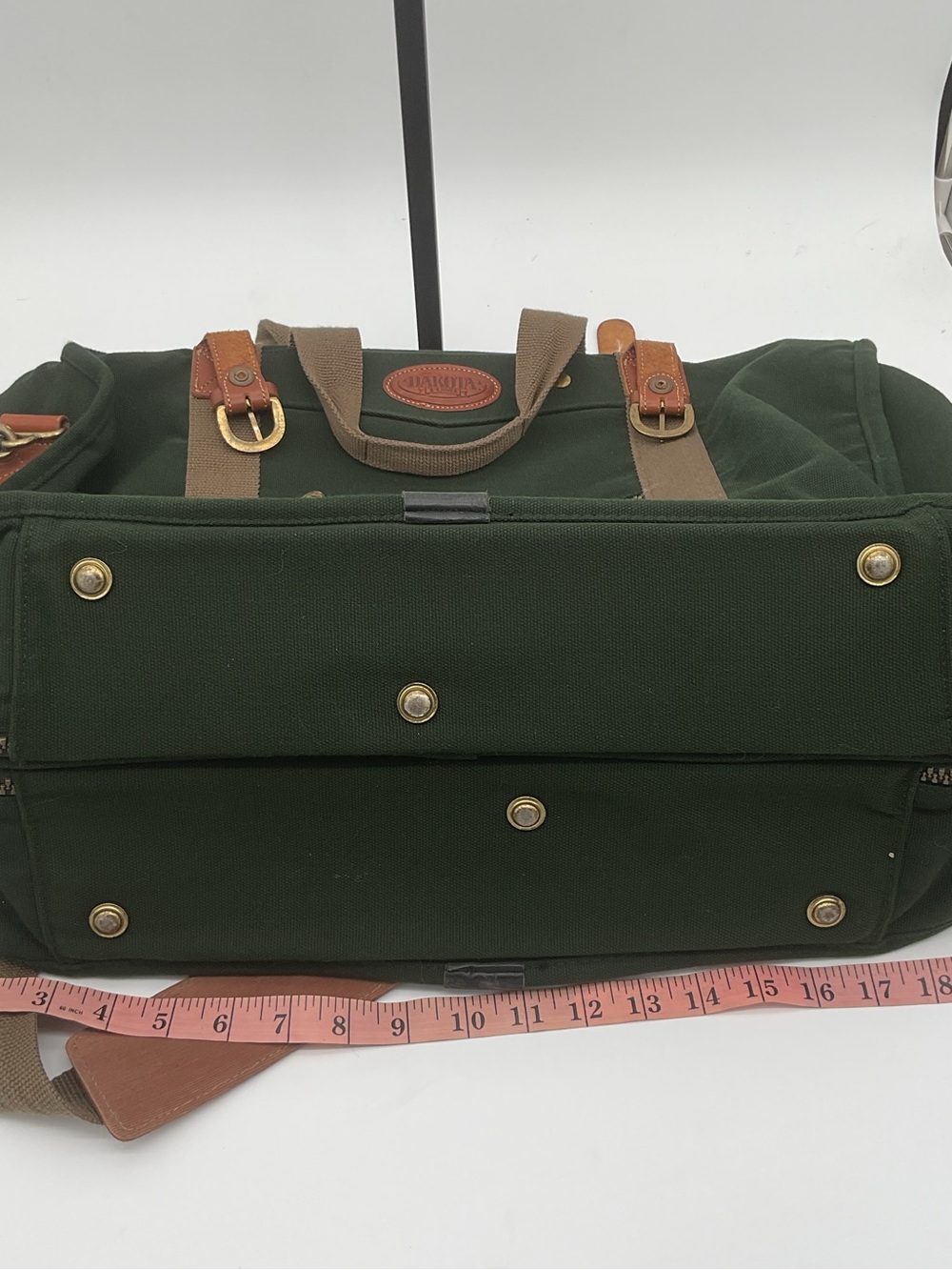 Tumi Dakota Green Canvas Duffel Suitcase with Brown Leather Trim - Picture 15 of 16